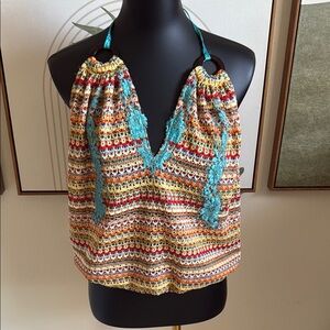 Paris St. Barth Cropped Blue Orange and Brown Halter Tank Top